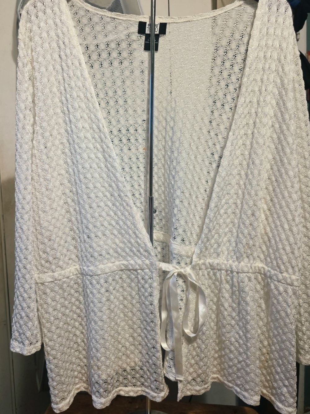 Studio 1940 Women's White Lace Open Front Cardigan Tie Front ,3/4 Sleeve